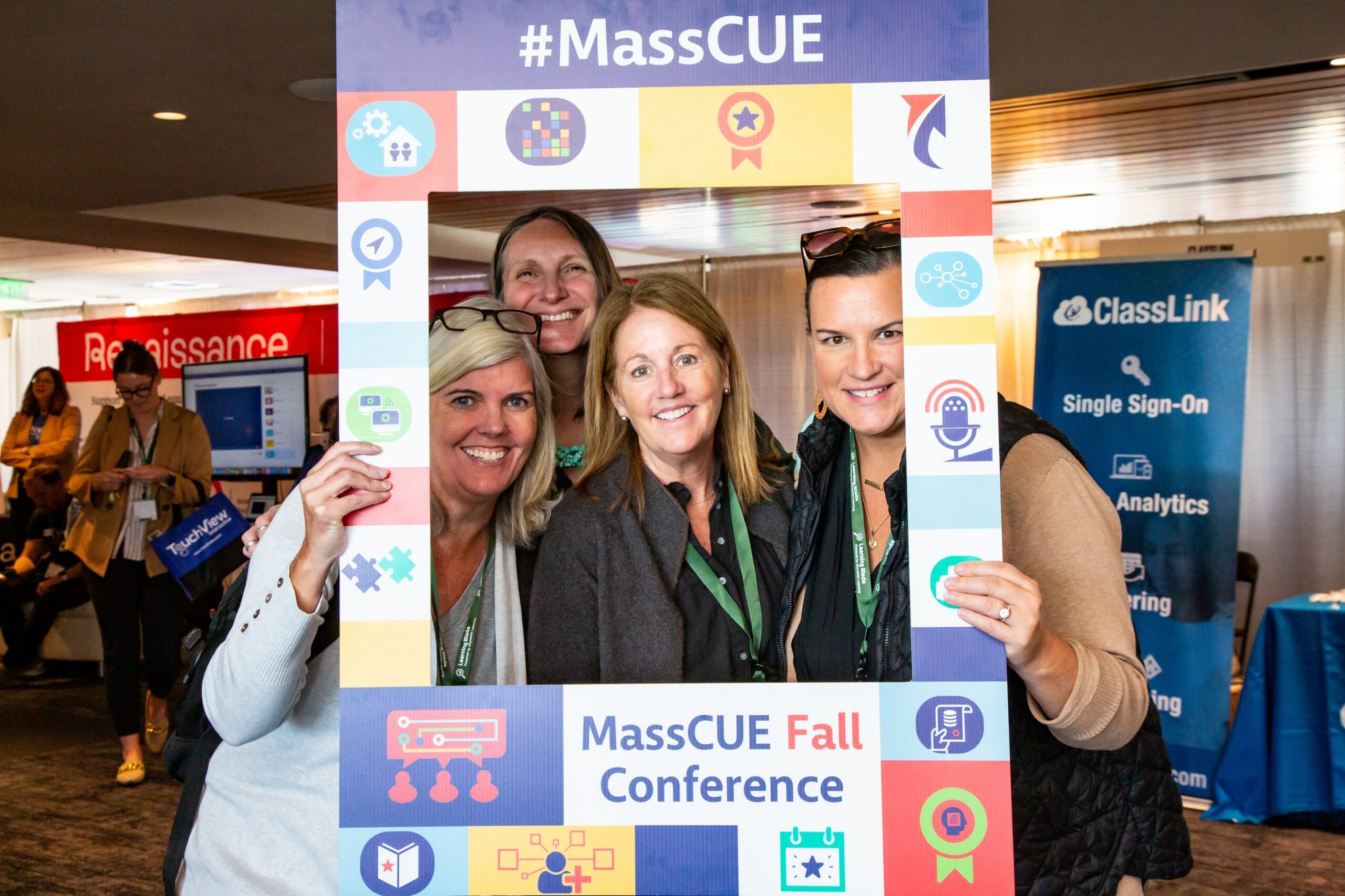 2024 Fall Conference attendees pose in the MassCUE selfie frame