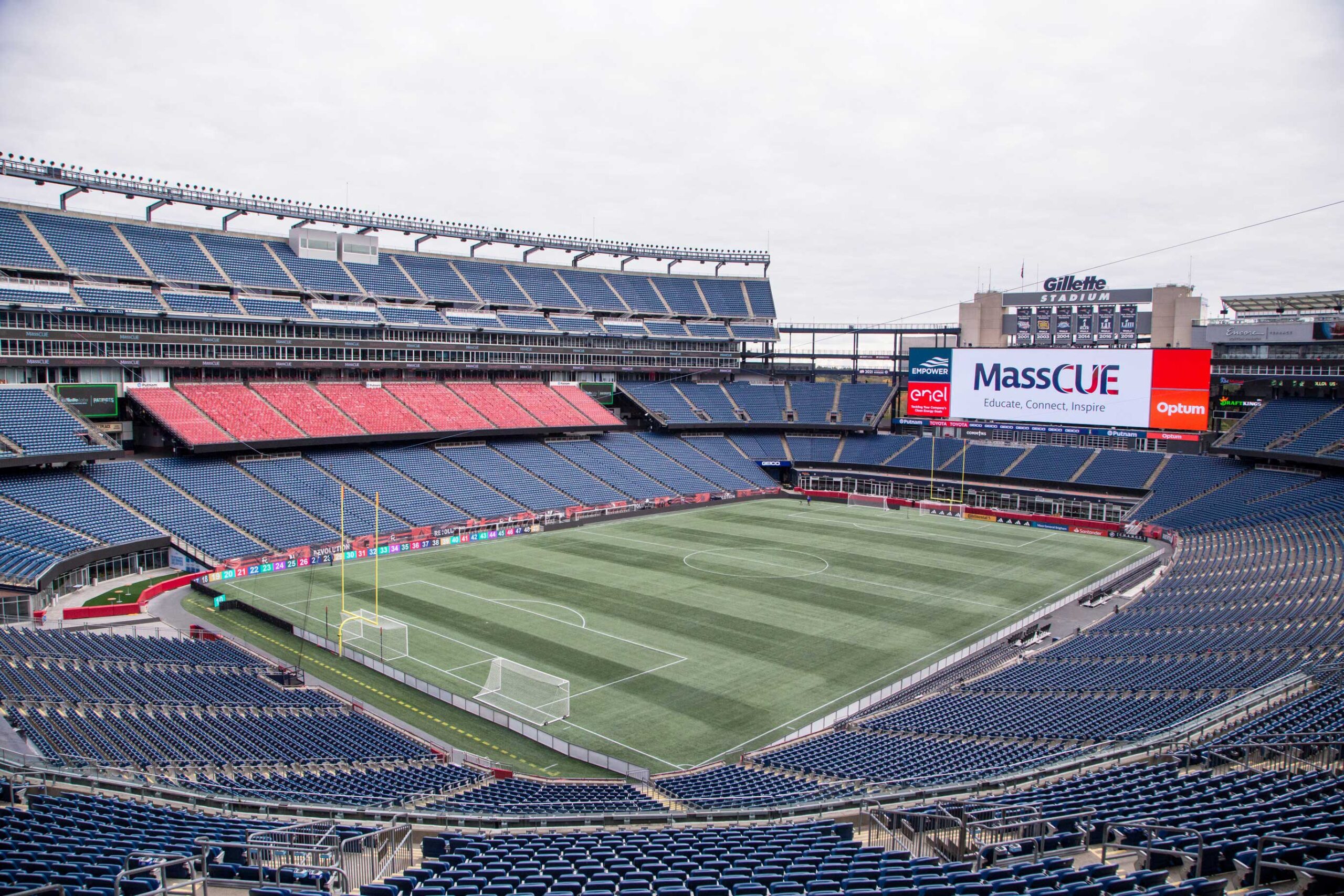 MassCUE logo on the Jumbotron/HD board overlooking Gillette Stadium